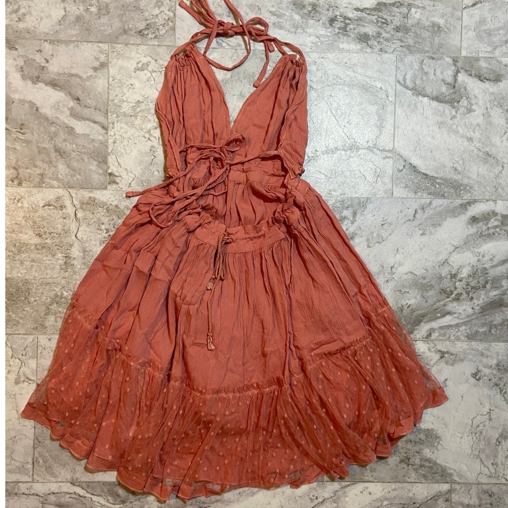 Boho Terracotta Halter Mini Dress Sz Med Deep-V Backless Ruffle Lace Skirt - Picture 3 of 12